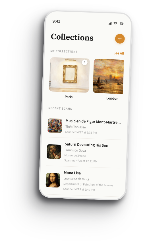 Art Whisper collections screen showing saved artworks