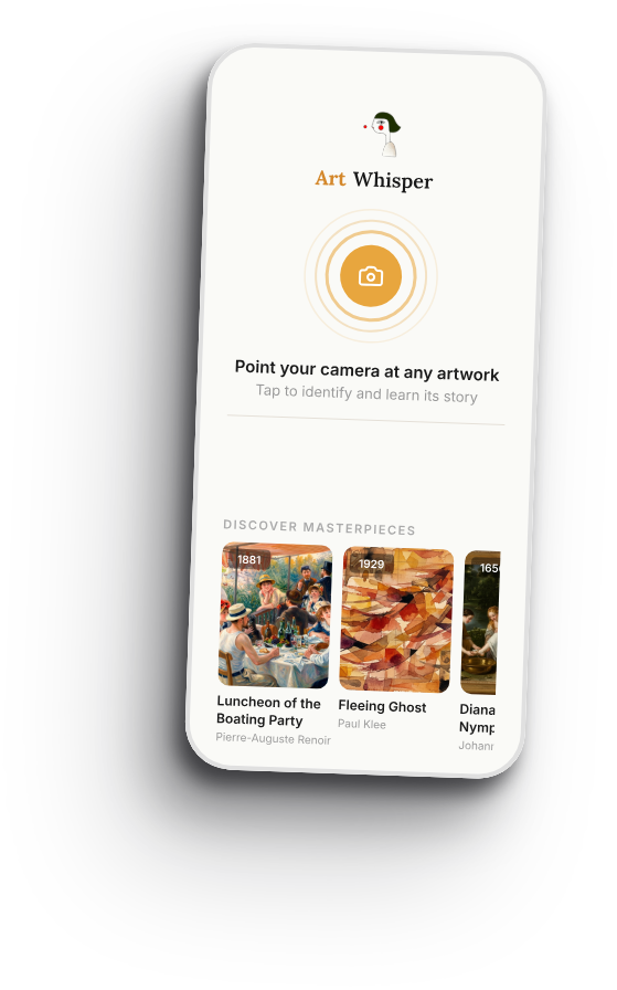 Art Whisper app showing artwork identification on a phone screen